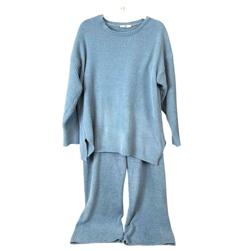 Natori Womens M/L Blue Soft Knit Sweater Pant Set Loungewear Cozy Casual Chic